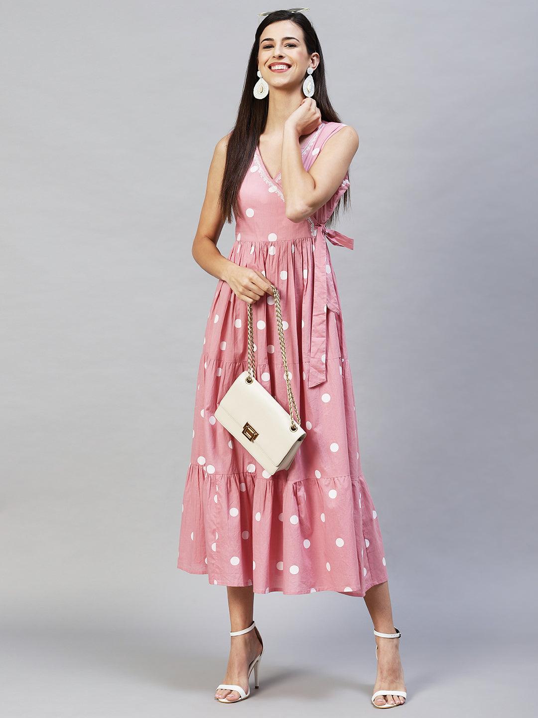 Polka Dot Printed Tiered Flared Maxi Dress - Pink - Indiakreations