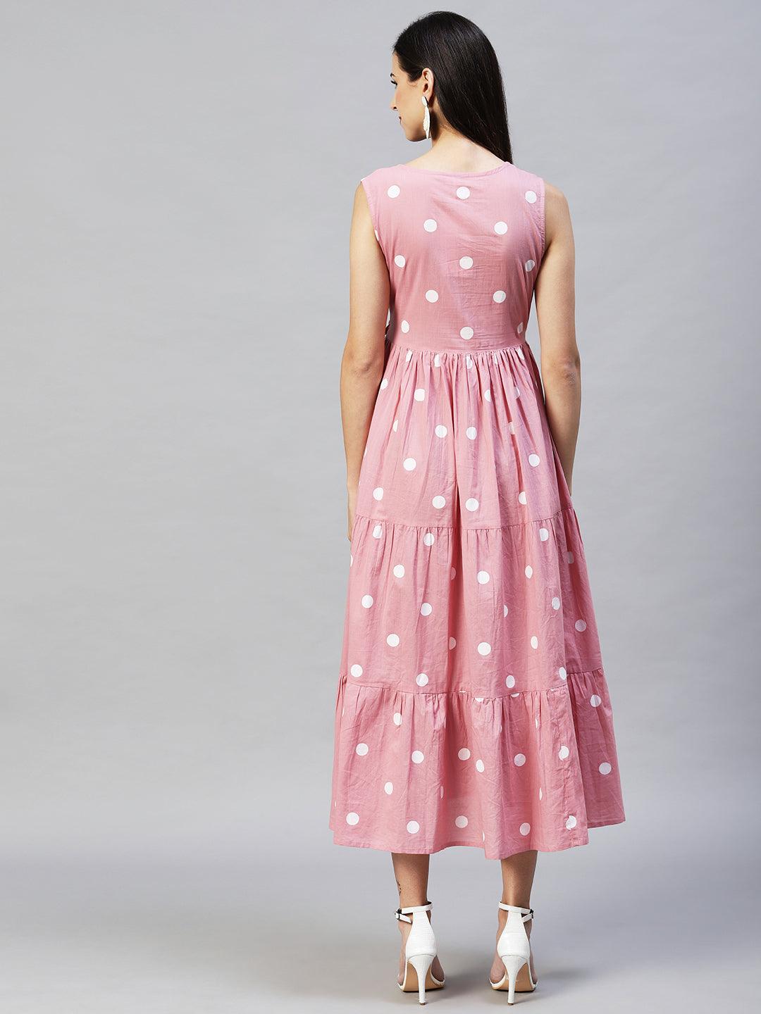 Polka Dot Printed Tiered Flared Maxi Dress - Pink - Indiakreations