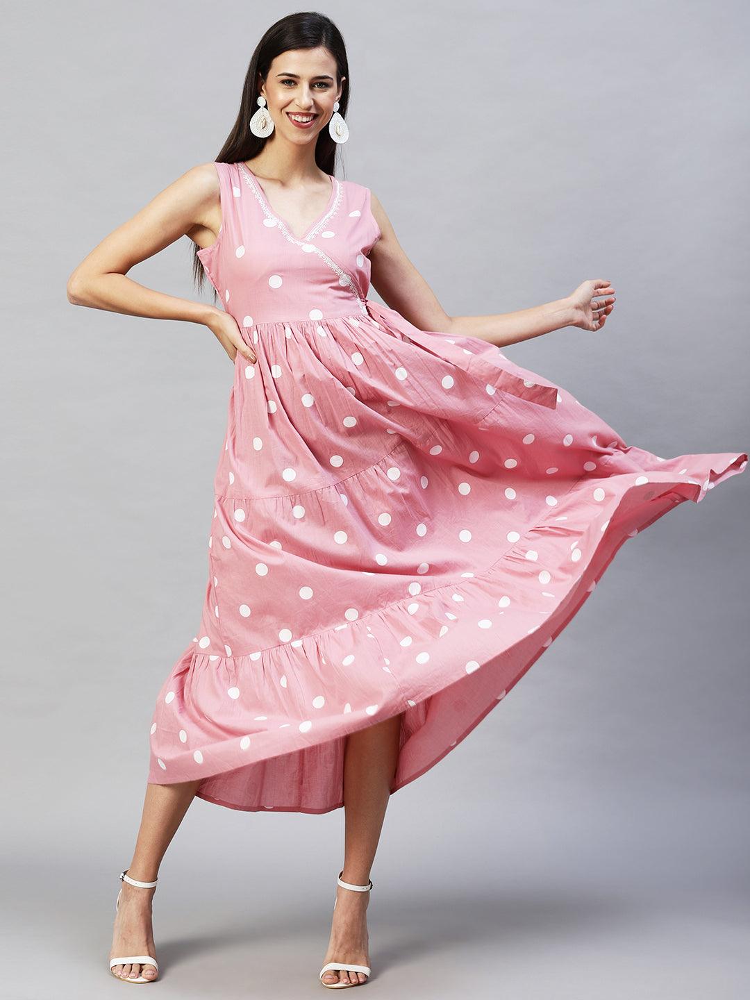 Polka Dot Printed Tiered Flared Maxi Dress - Pink - Indiakreations