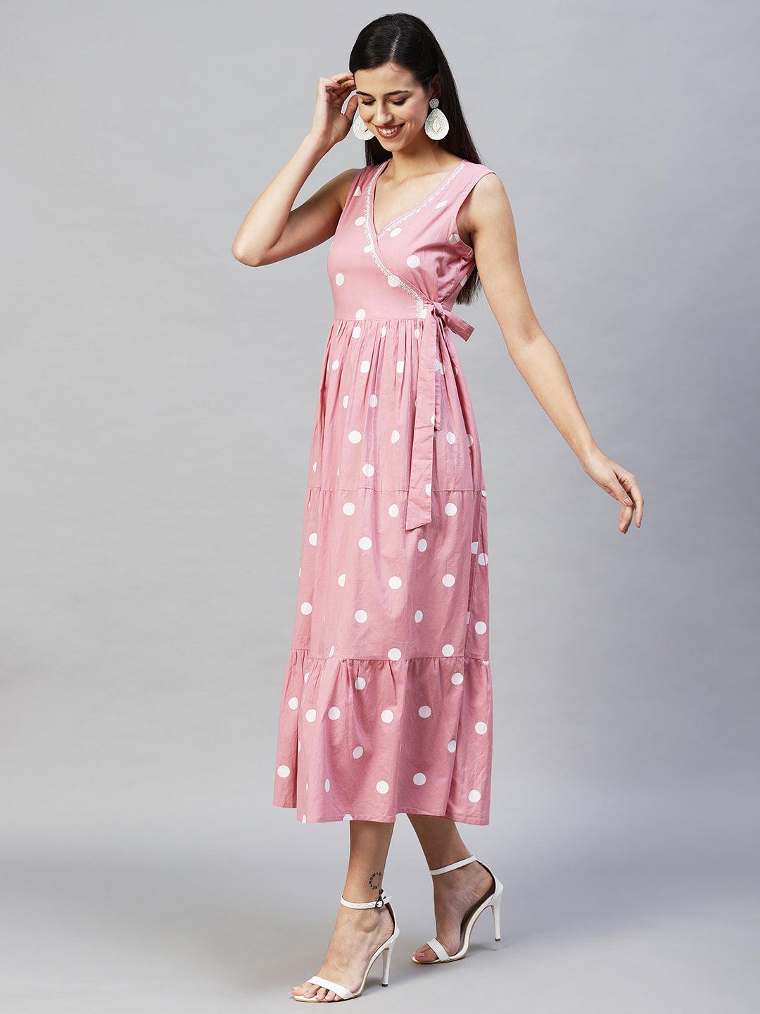 Polka Dot Printed Tiered Flared Maxi Dress - Pink - Indiakreations