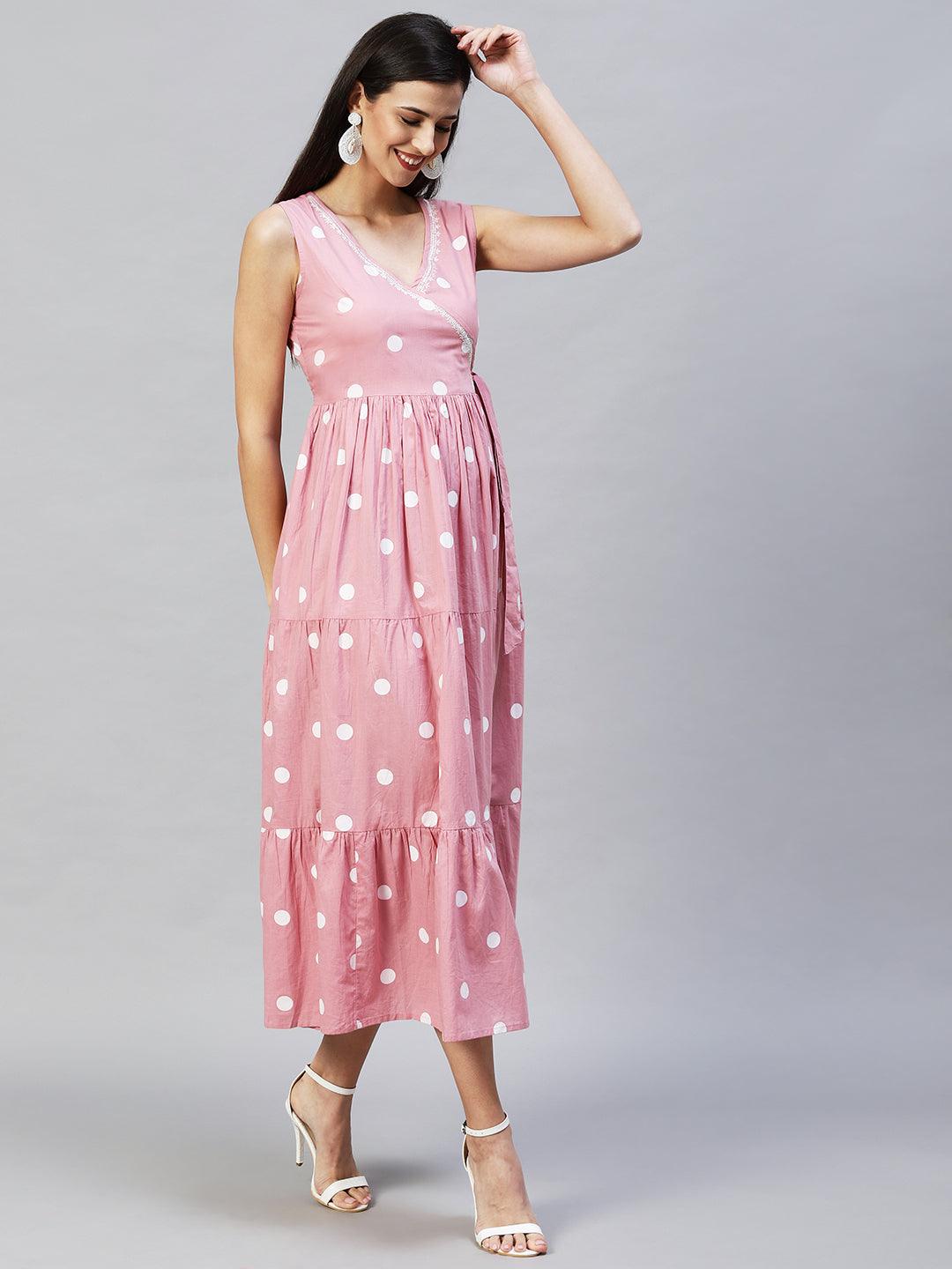 Polka Dot Printed Tiered Flared Maxi Dress - Pink - Indiakreations