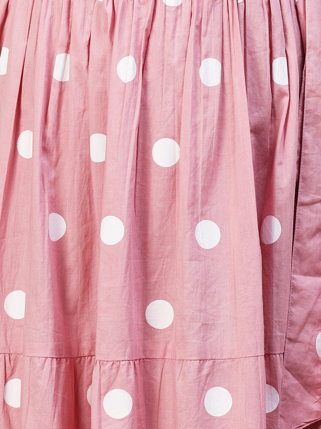 Polka Dot Printed Tiered Flared Maxi Dress - Pink - Indiakreations