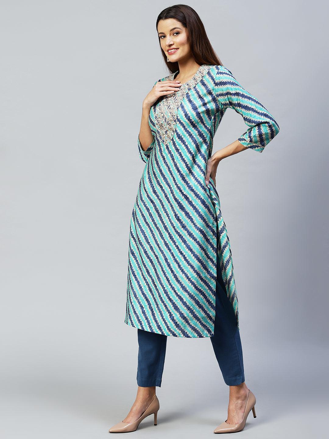 Ethnic Printed & Embroidered Straight Fit Kurta - Multi - Indiakreations