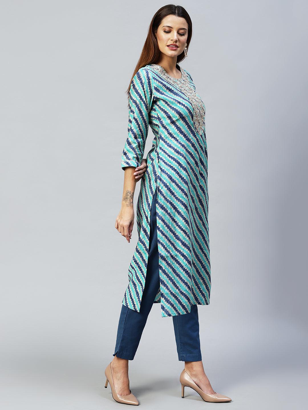 Ethnic Printed & Embroidered Straight Fit Kurta - Multi - Indiakreations