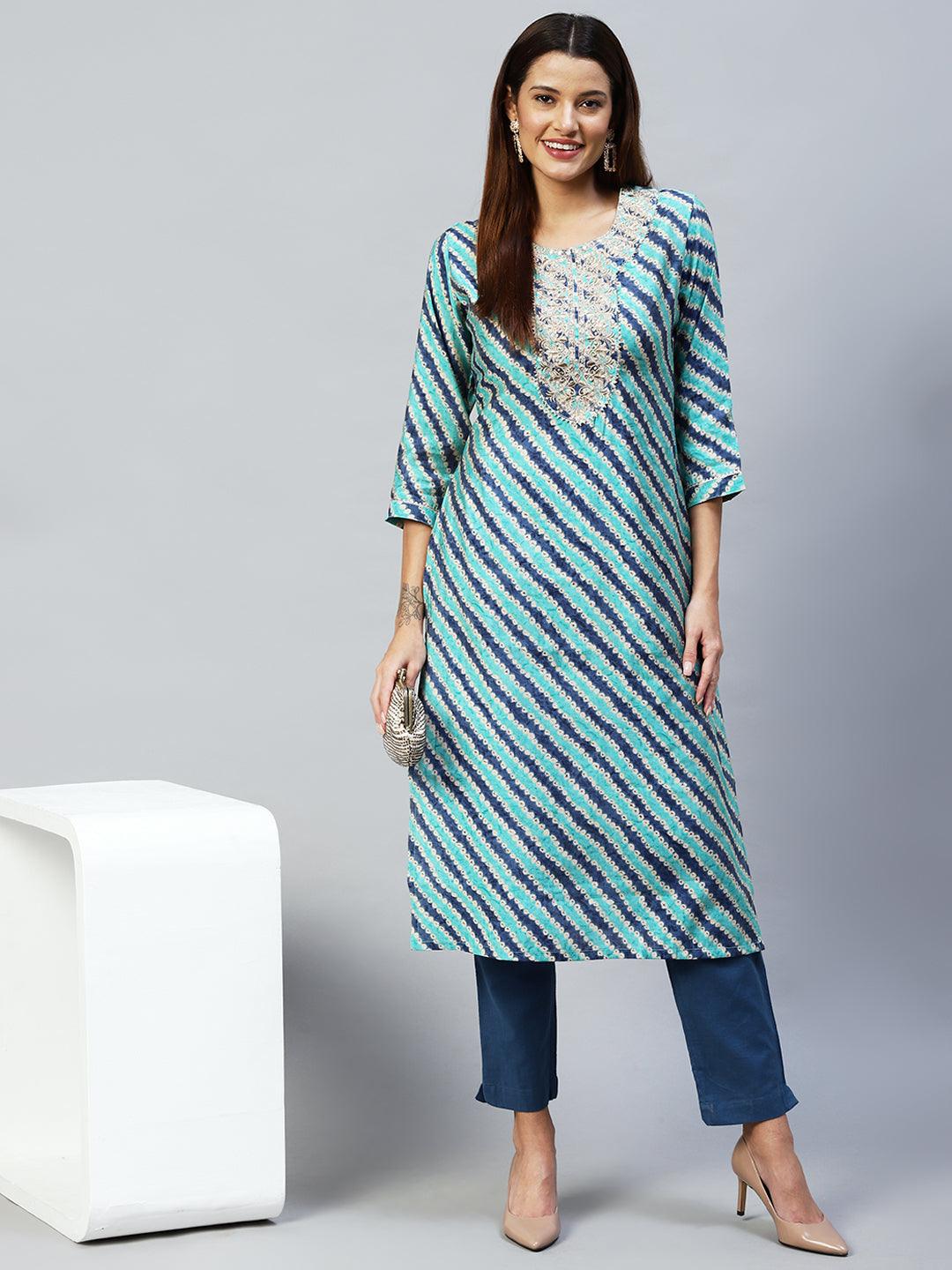 Ethnic Printed & Embroidered Straight Fit Kurta - Multi - Indiakreations