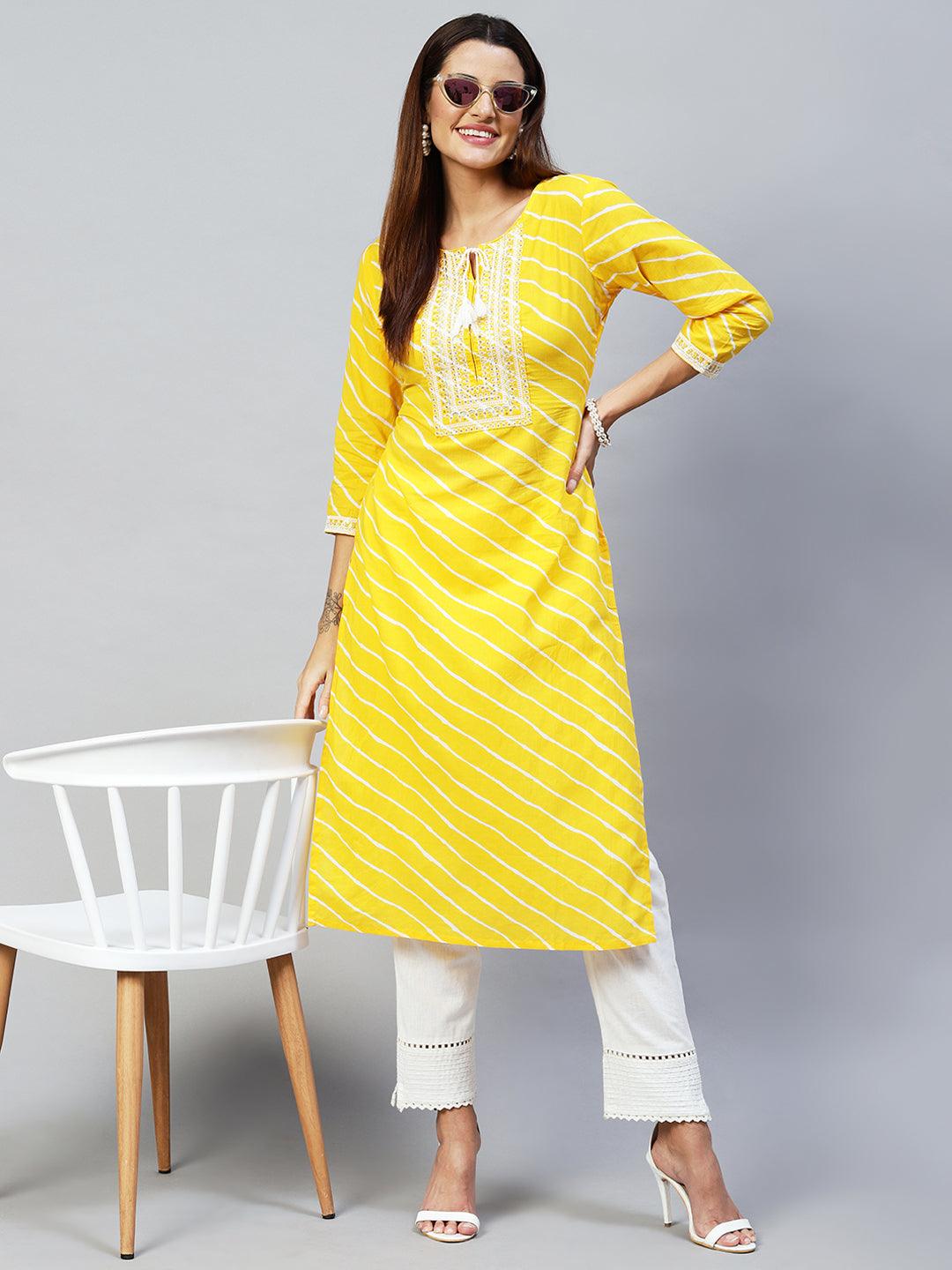 Leheriya Printed & Embroidered Straight Fit Kurta – Yellow - Indiakreations