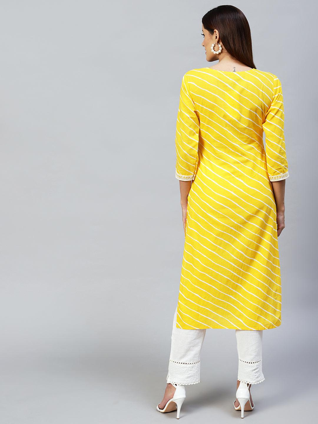 Leheriya Printed & Embroidered Straight Fit Kurta – Yellow - Indiakreations