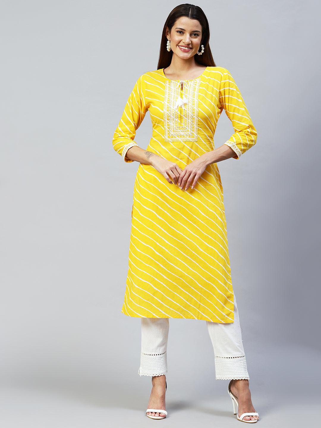 Leheriya Printed & Embroidered Straight Fit Kurta – Yellow - Indiakreations