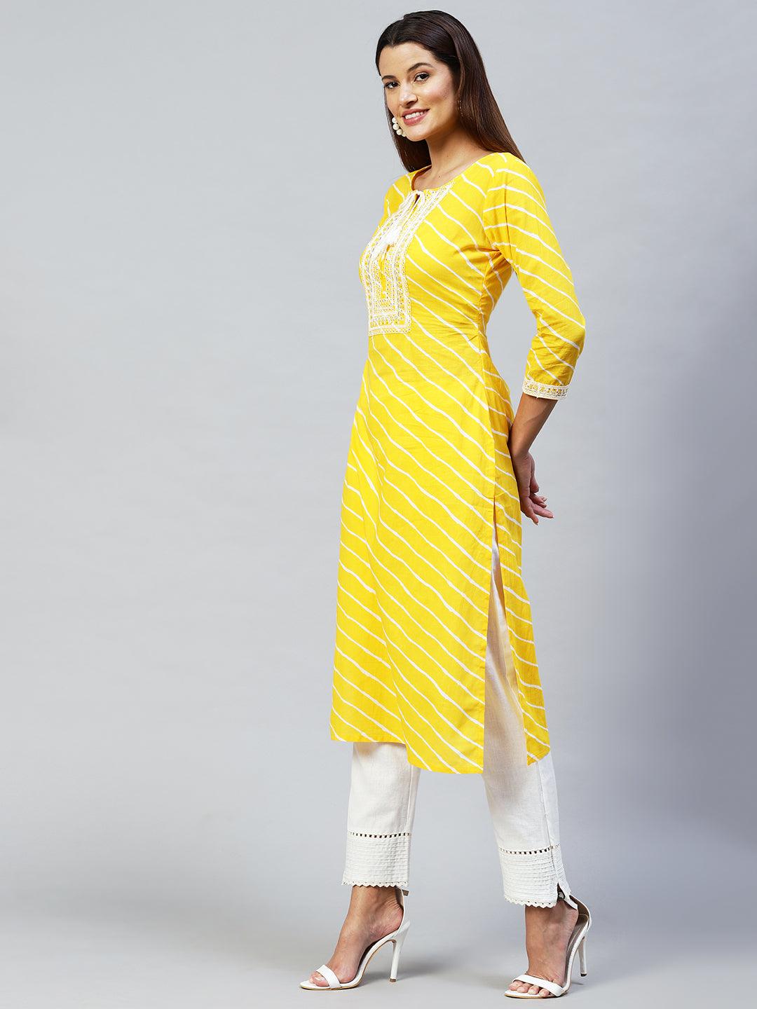 Leheriya Printed & Embroidered Straight Fit Kurta – Yellow - Indiakreations