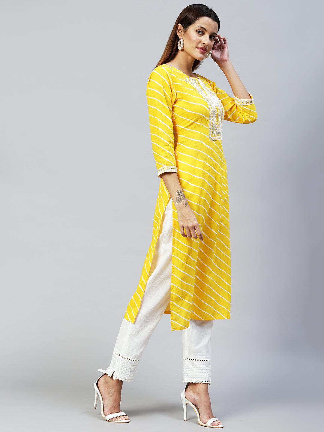 Leheriya Printed & Embroidered Straight Fit Kurta – Yellow - Indiakreations