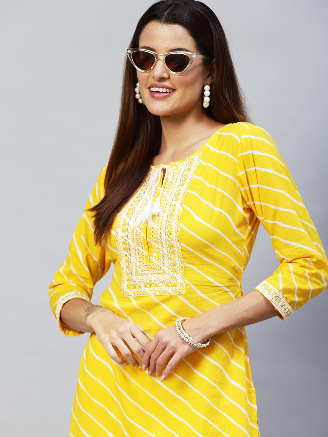 Leheriya Printed & Embroidered Straight Fit Kurta – Yellow - Indiakreations