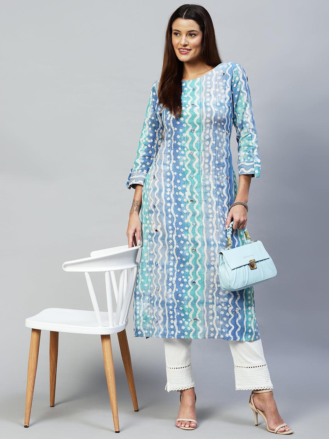 Ethnic Stripes Printed & Embroidered Straight Fit Kurta - Multi - Indiakreations