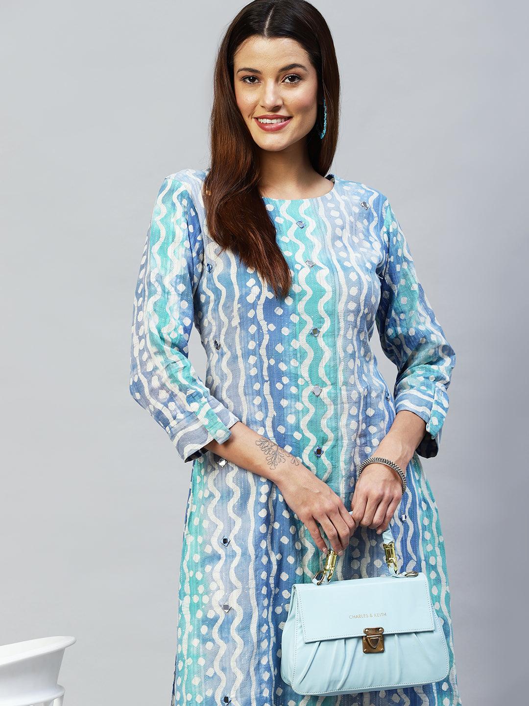 Ethnic Stripes Printed & Embroidered Straight Fit Kurta - Multi - Indiakreations