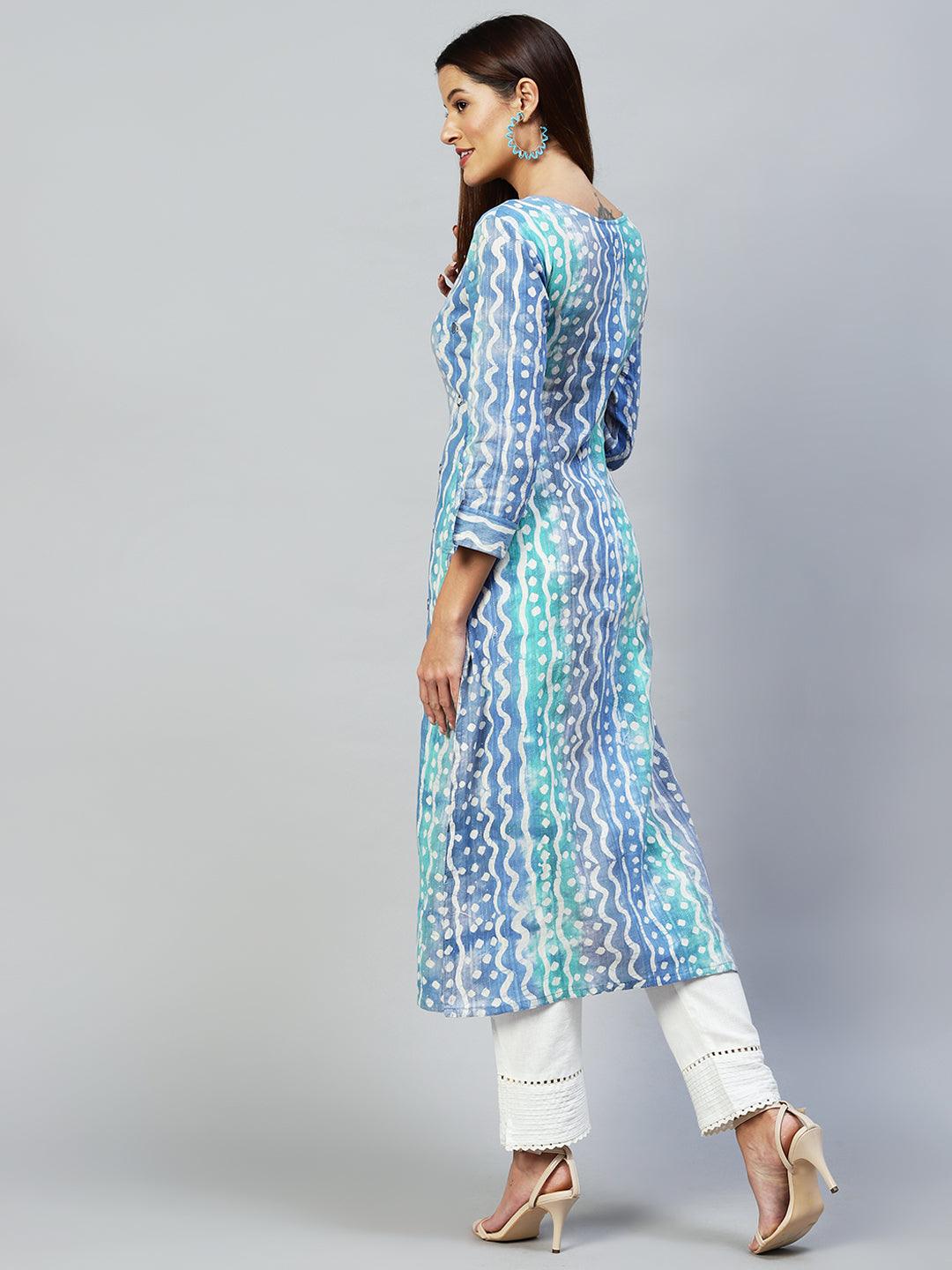 Ethnic Stripes Printed & Embroidered Straight Fit Kurta - Multi - Indiakreations