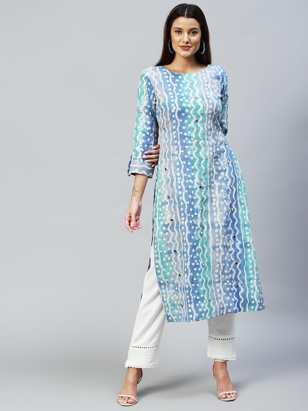 Ethnic Stripes Printed & Embroidered Straight Fit Kurta - Multi - Indiakreations