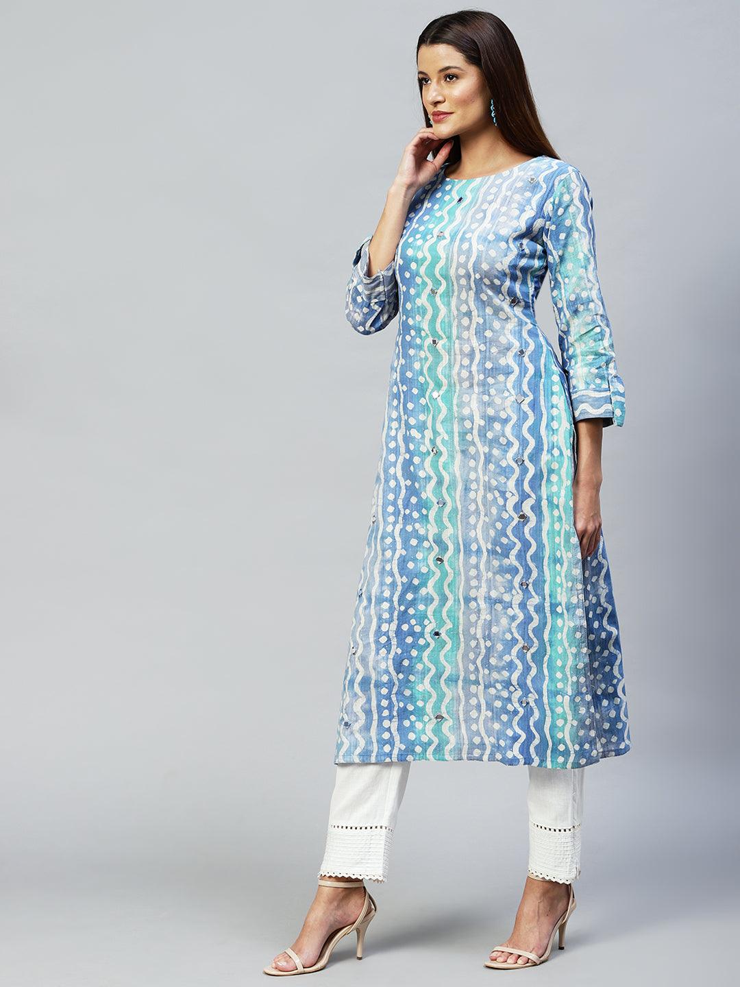 Ethnic Stripes Printed & Embroidered Straight Fit Kurta - Multi - Indiakreations