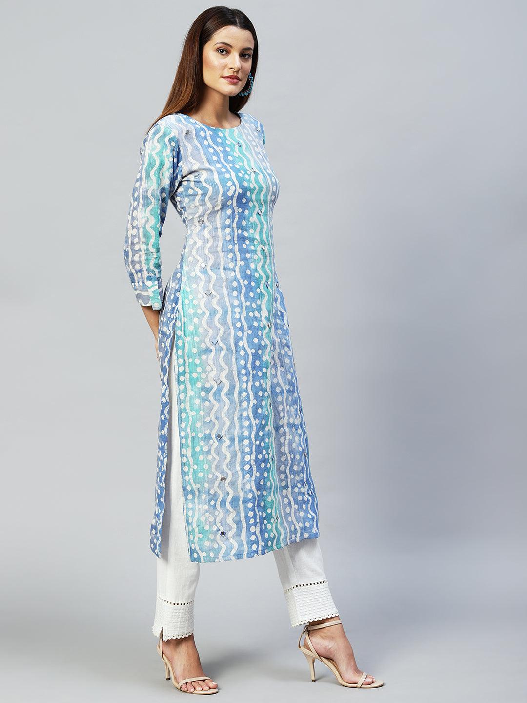 Ethnic Stripes Printed & Embroidered Straight Fit Kurta - Multi - Indiakreations