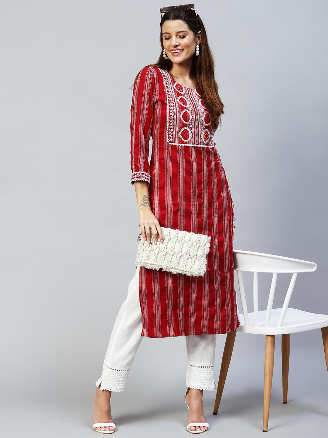 Ethnic Embroidered & Woven Stripes Straight Fit Kurta - Maroon - Indiakreations