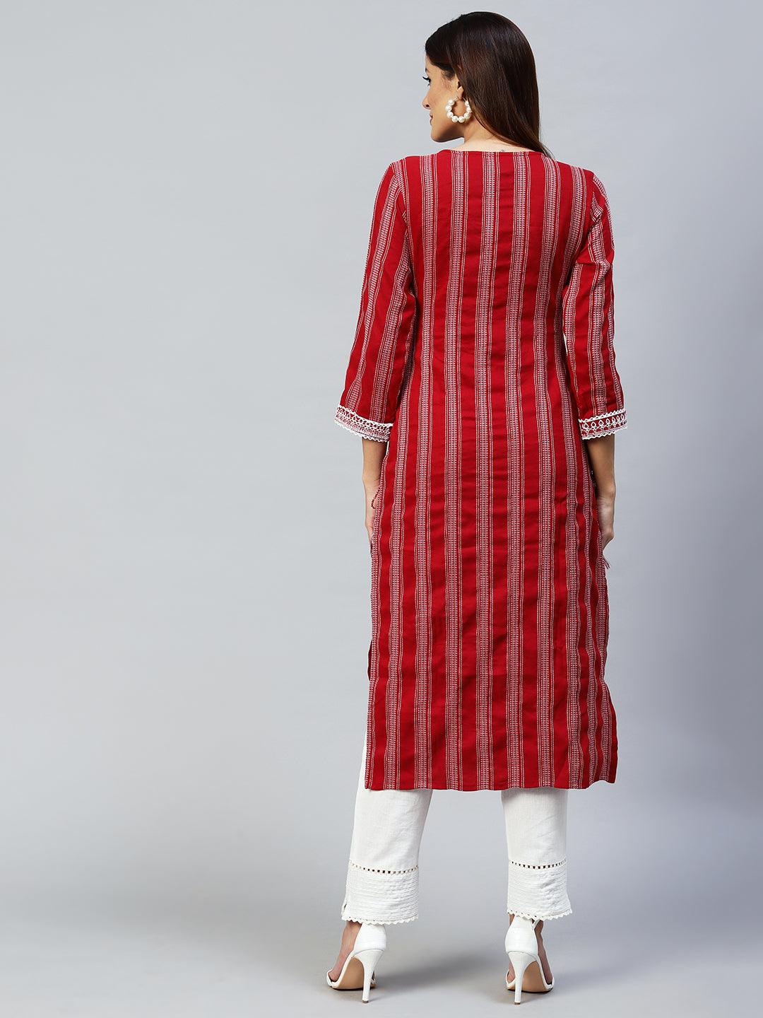 Ethnic Embroidered & Woven Stripes Straight Fit Kurta - Maroon - Indiakreations