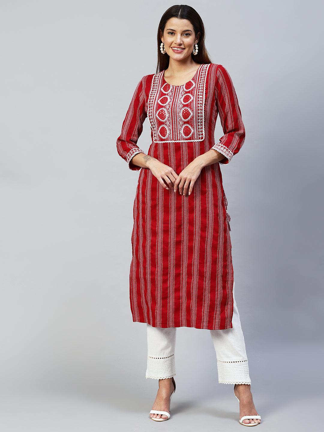 Ethnic Embroidered & Woven Stripes Straight Fit Kurta - Maroon - Indiakreations