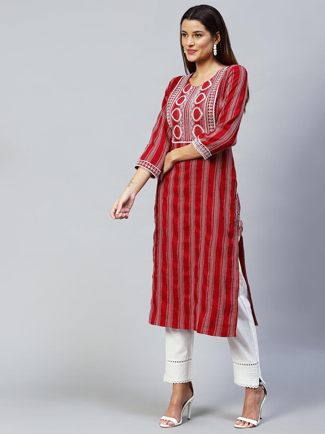 Ethnic Embroidered & Woven Stripes Straight Fit Kurta - Maroon - Indiakreations