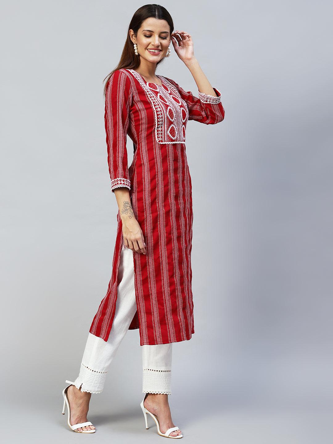 Ethnic Embroidered & Woven Stripes Straight Fit Kurta - Maroon - Indiakreations