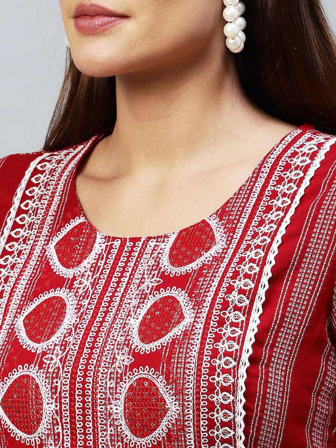 Ethnic Embroidered & Woven Stripes Straight Fit Kurta - Maroon - Indiakreations