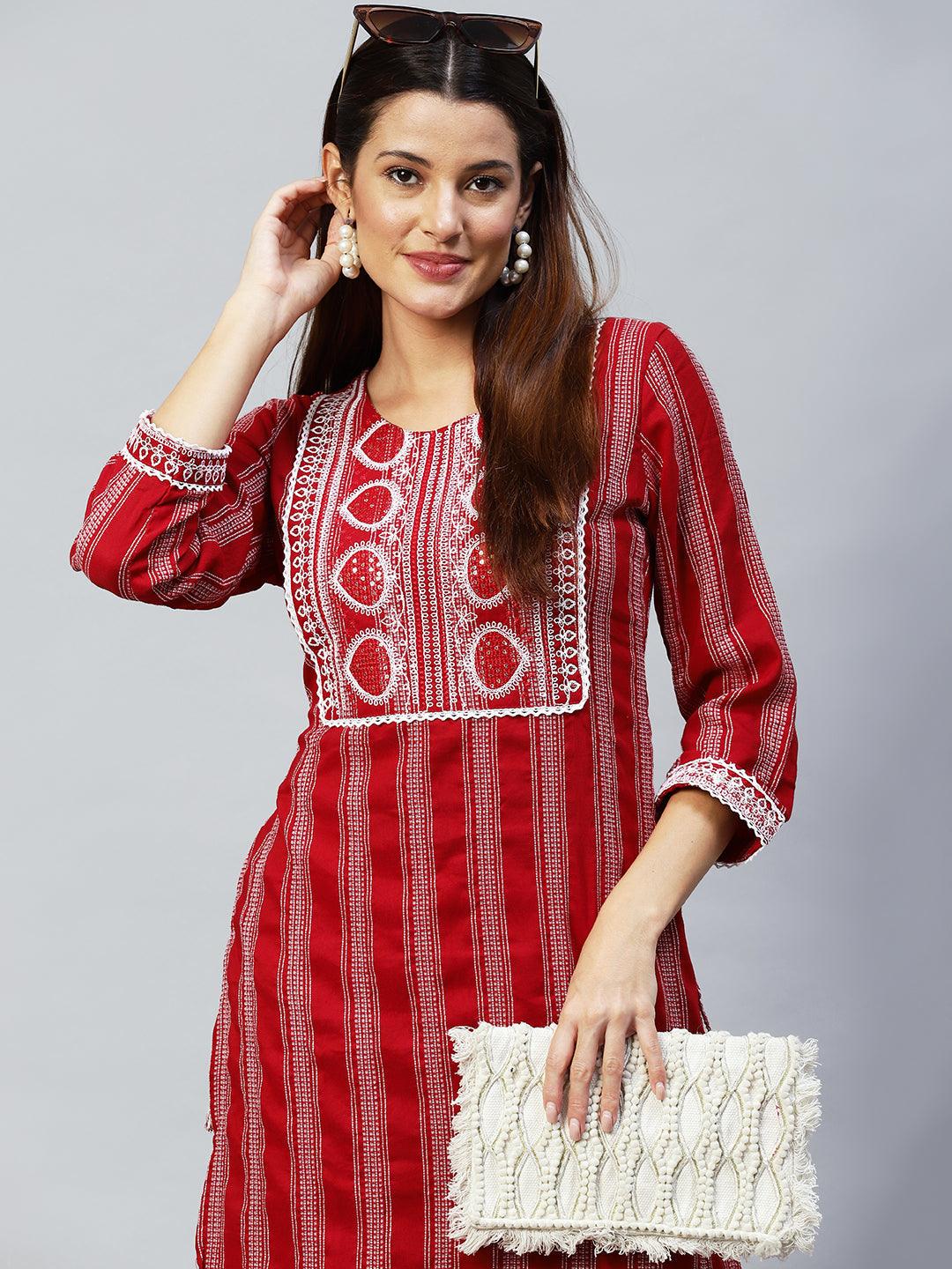 Ethnic Embroidered & Woven Stripes Straight Fit Kurta - Maroon - Indiakreations