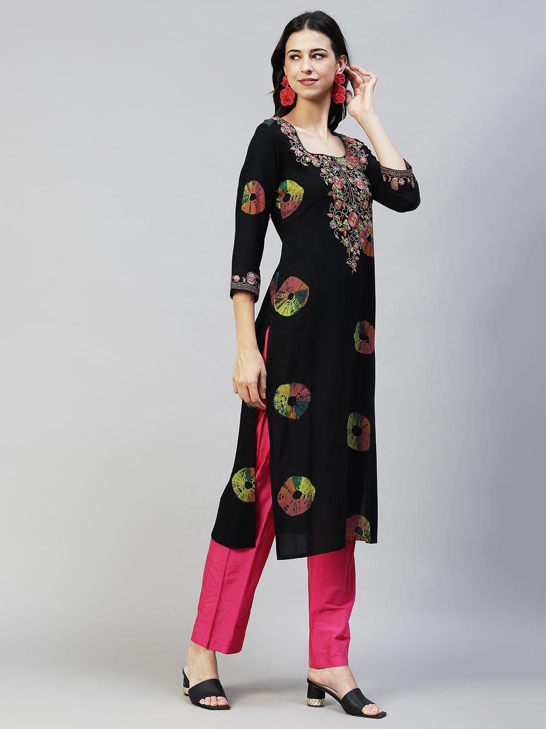 Ethnic Printed & Embroidered Straight Fit Kurta - Black - Indiakreations