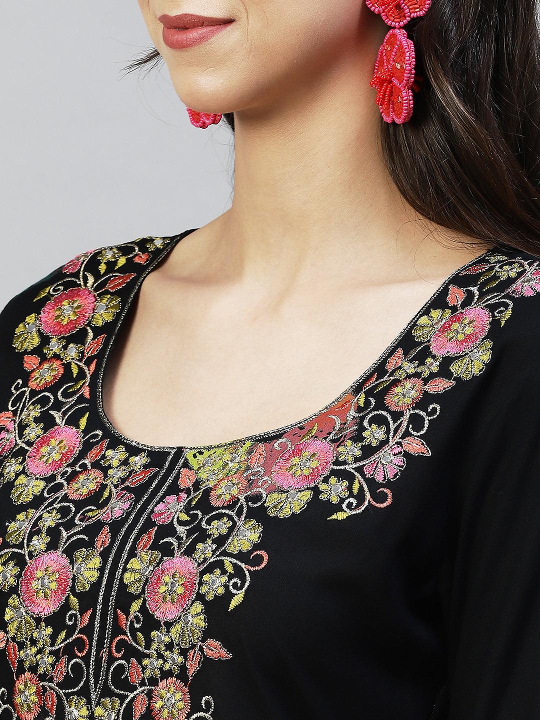 Ethnic Printed & Embroidered Straight Fit Kurta - Black - Indiakreations