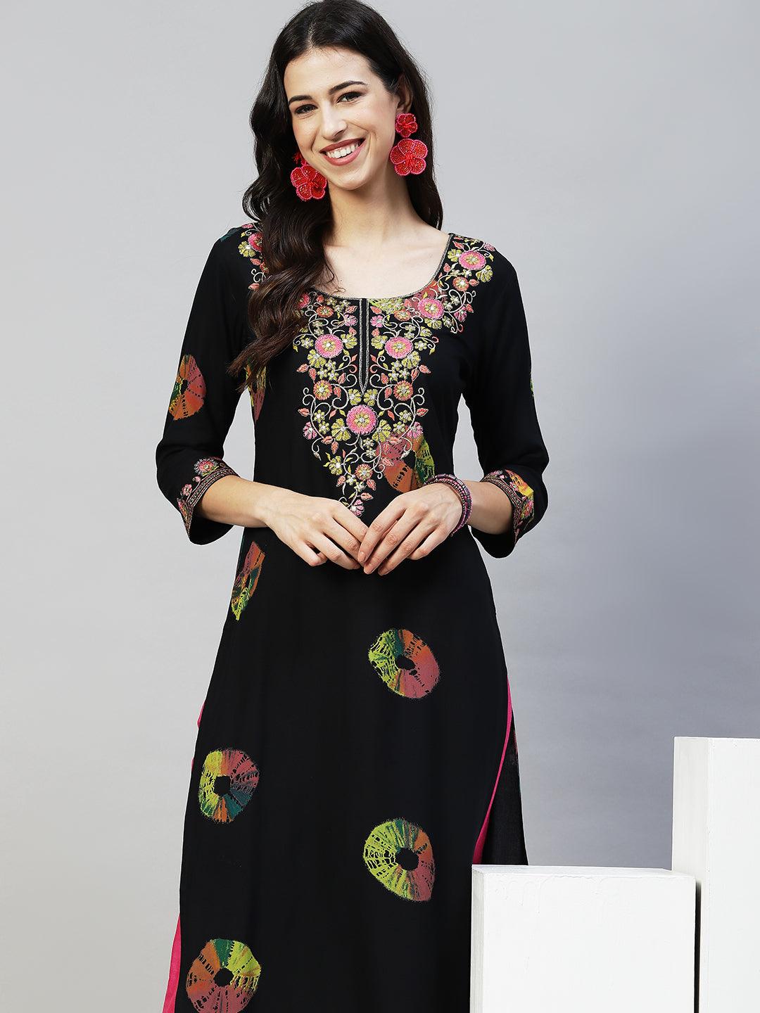 Ethnic Printed & Embroidered Straight Fit Kurta - Black - Indiakreations