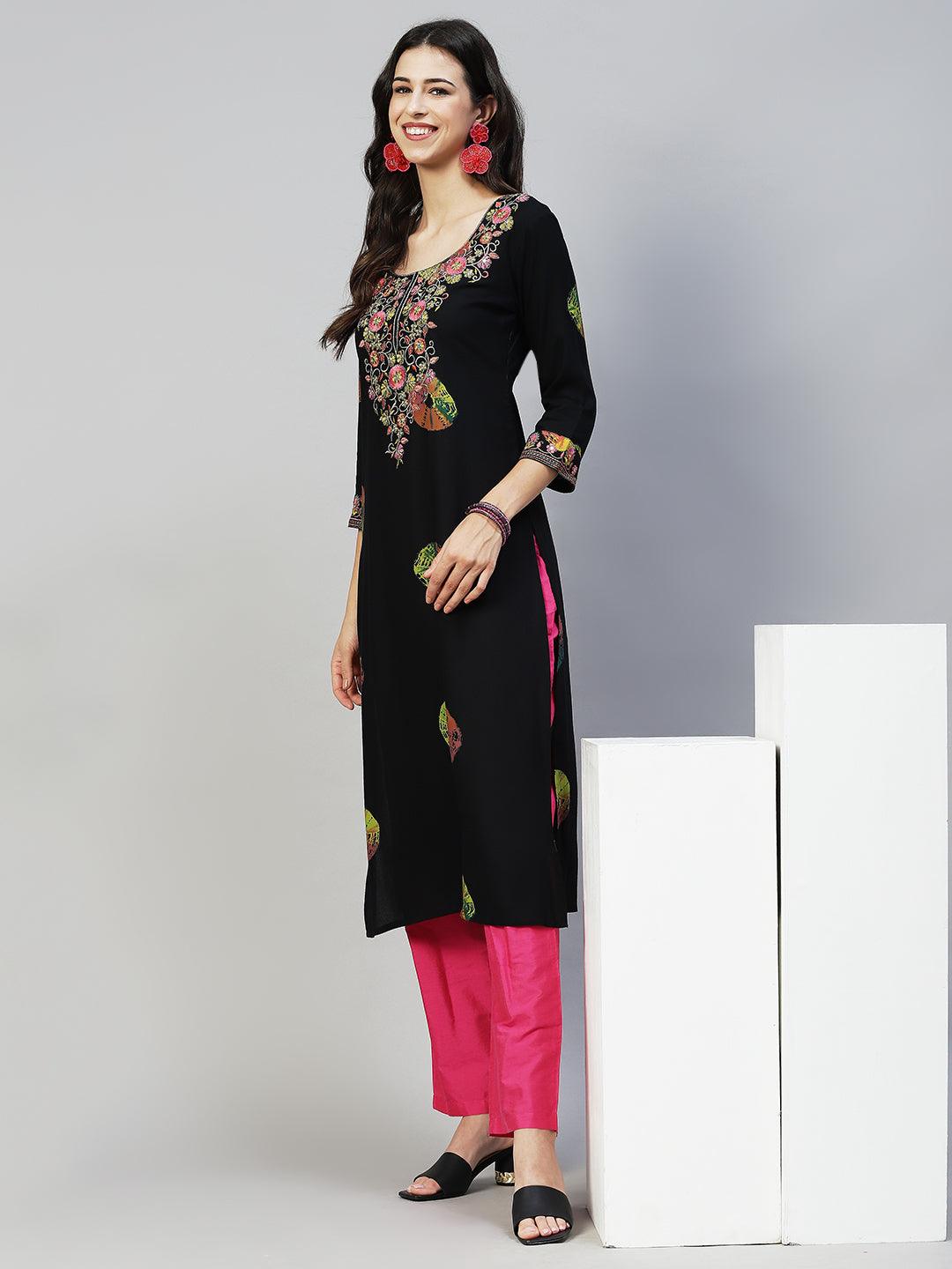 Ethnic Printed & Embroidered Straight Fit Kurta - Black - Indiakreations