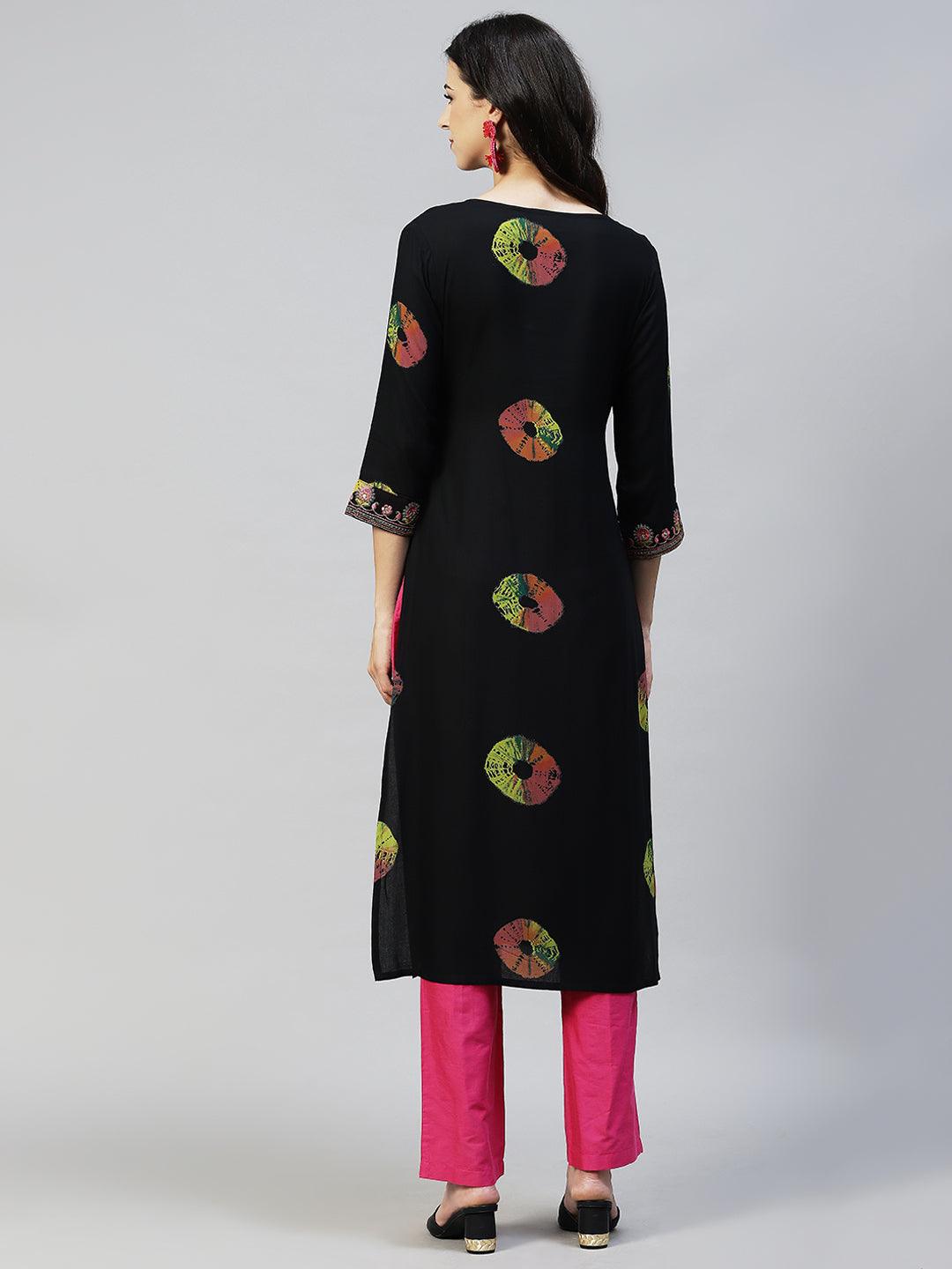 Ethnic Printed & Embroidered Straight Fit Kurta - Black - Indiakreations