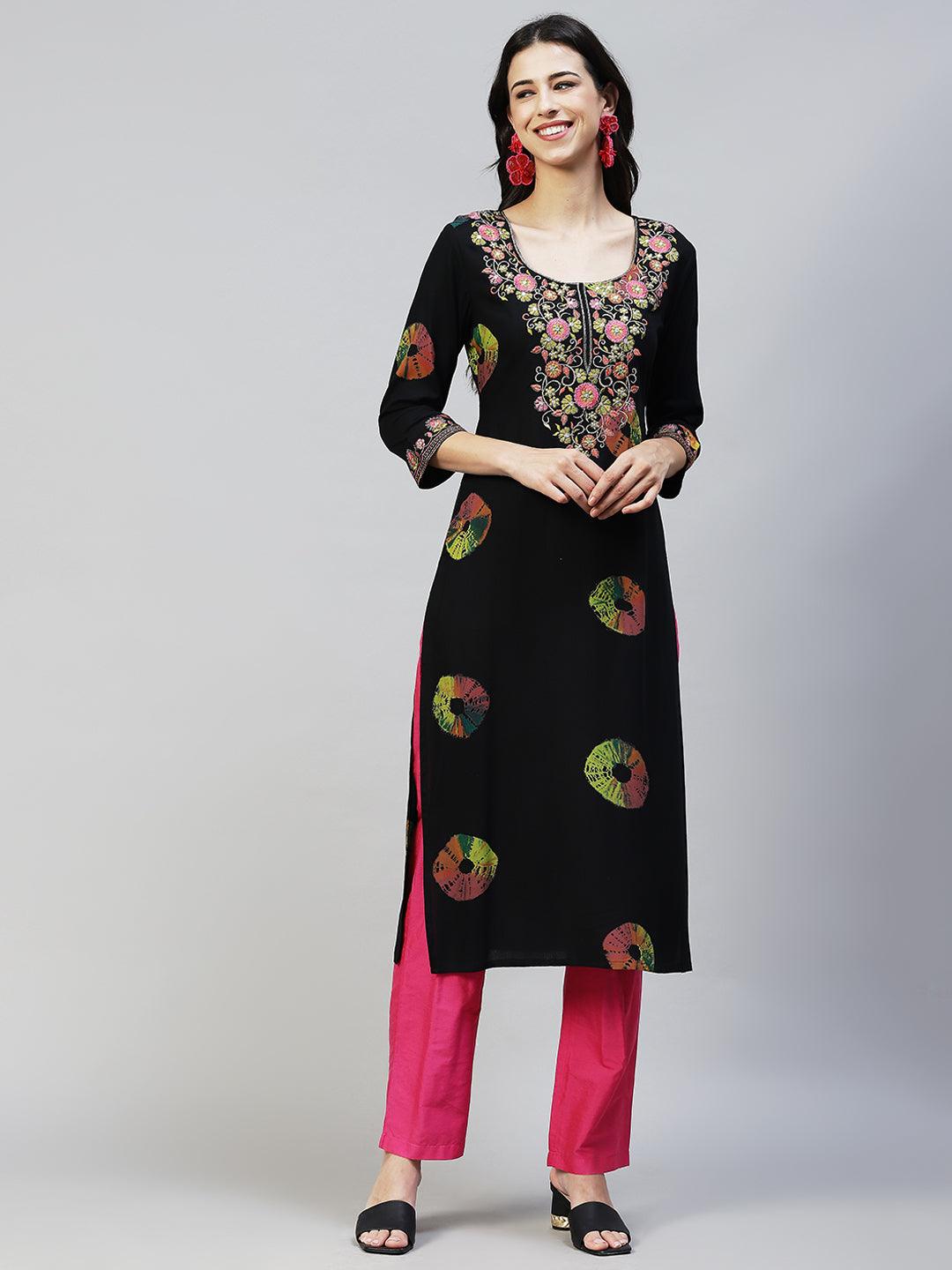 Ethnic Printed & Embroidered Straight Fit Kurta - Black - Indiakreations