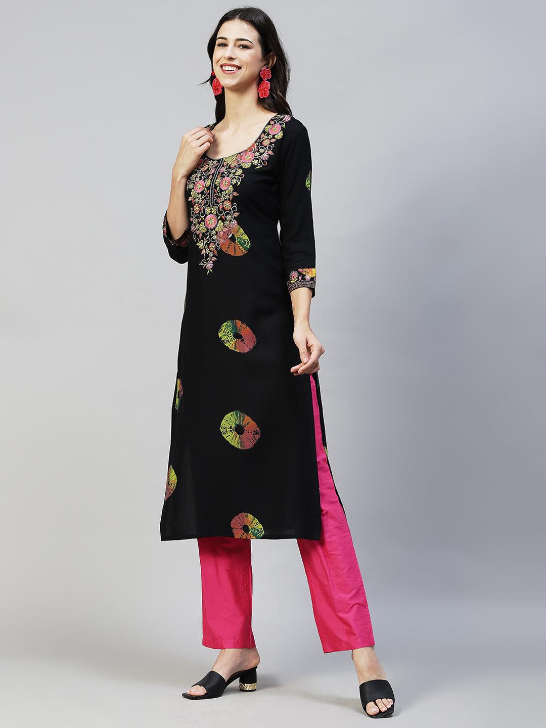 Ethnic Printed & Embroidered Straight Fit Kurta - Black - Indiakreations