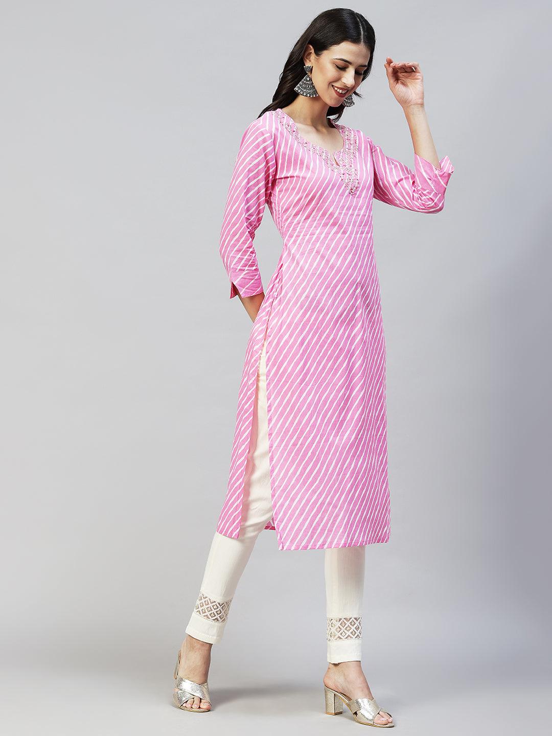 Leheriya Printed & Ethnic Embroidered Straight Fit Kurta - Light Pink - Indiakreations