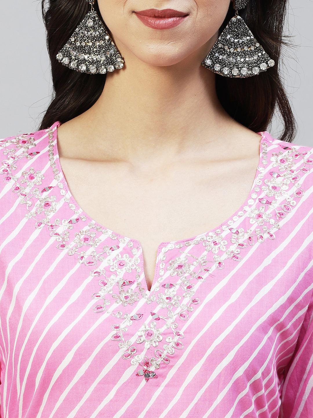 Leheriya Printed & Ethnic Embroidered Straight Fit Kurta - Light Pink - Indiakreations