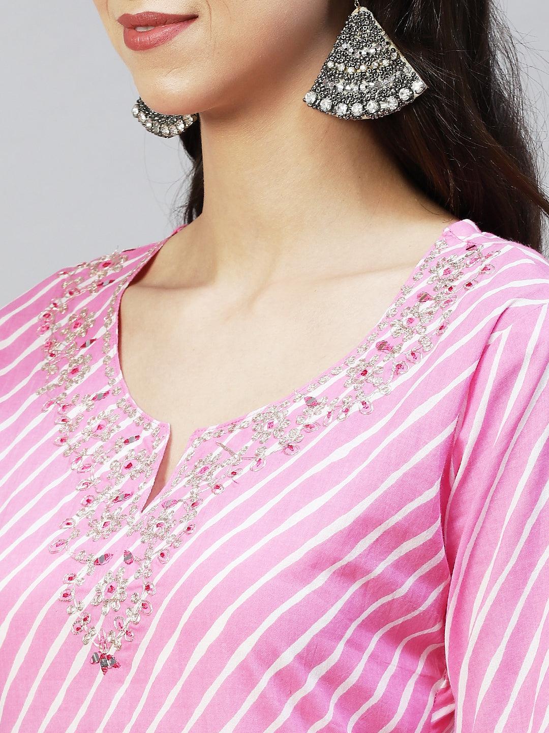 Leheriya Printed & Ethnic Embroidered Straight Fit Kurta - Light Pink - Indiakreations