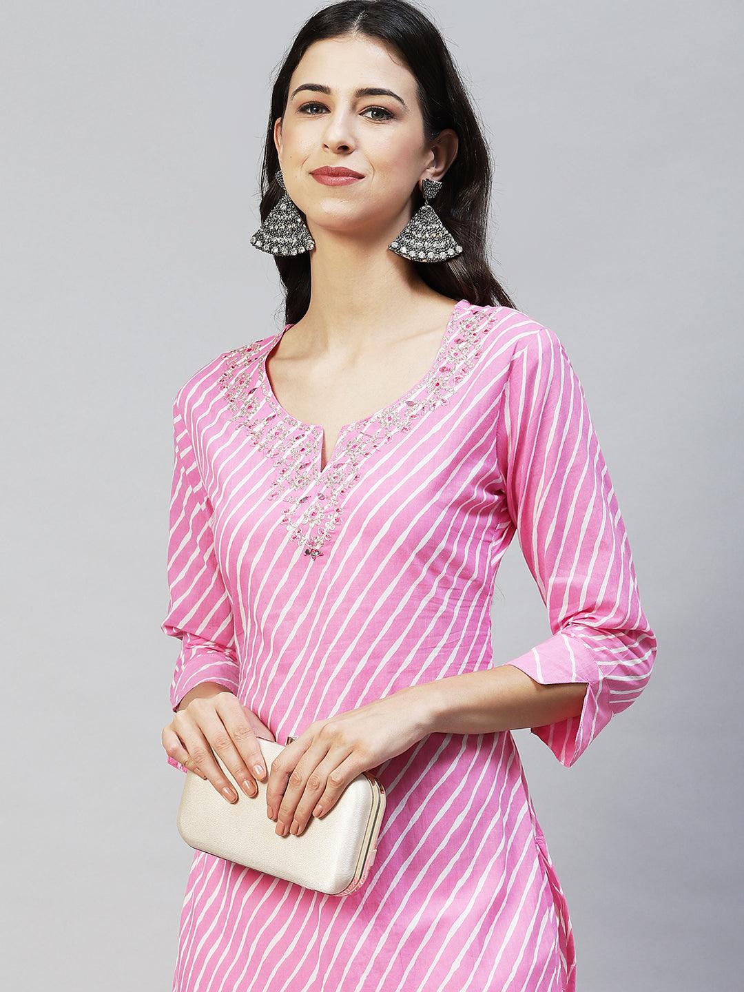 Leheriya Printed & Ethnic Embroidered Straight Fit Kurta - Light Pink - Indiakreations