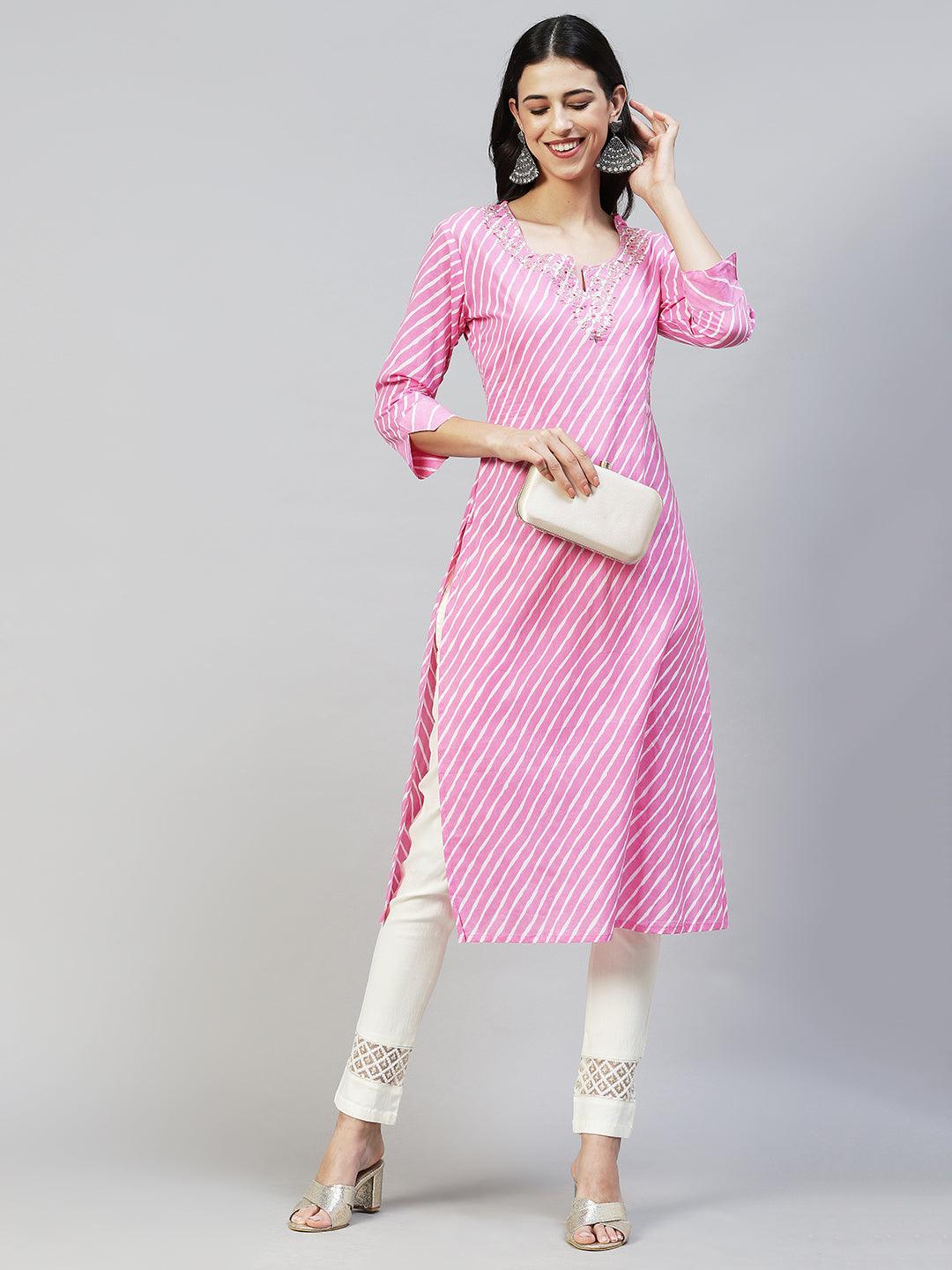 Leheriya Printed & Ethnic Embroidered Straight Fit Kurta - Light Pink - Indiakreations