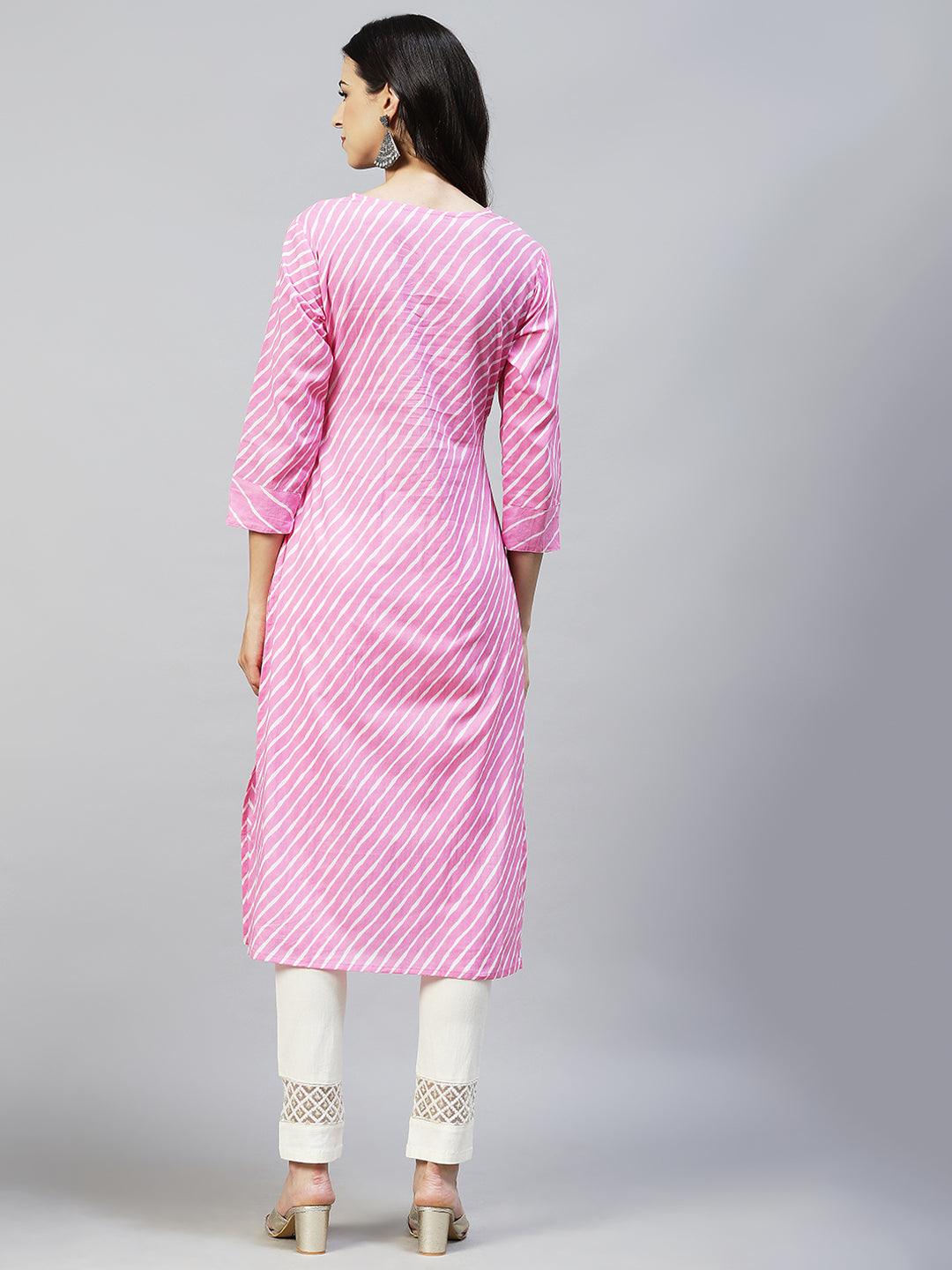 Leheriya Printed & Ethnic Embroidered Straight Fit Kurta - Light Pink - Indiakreations