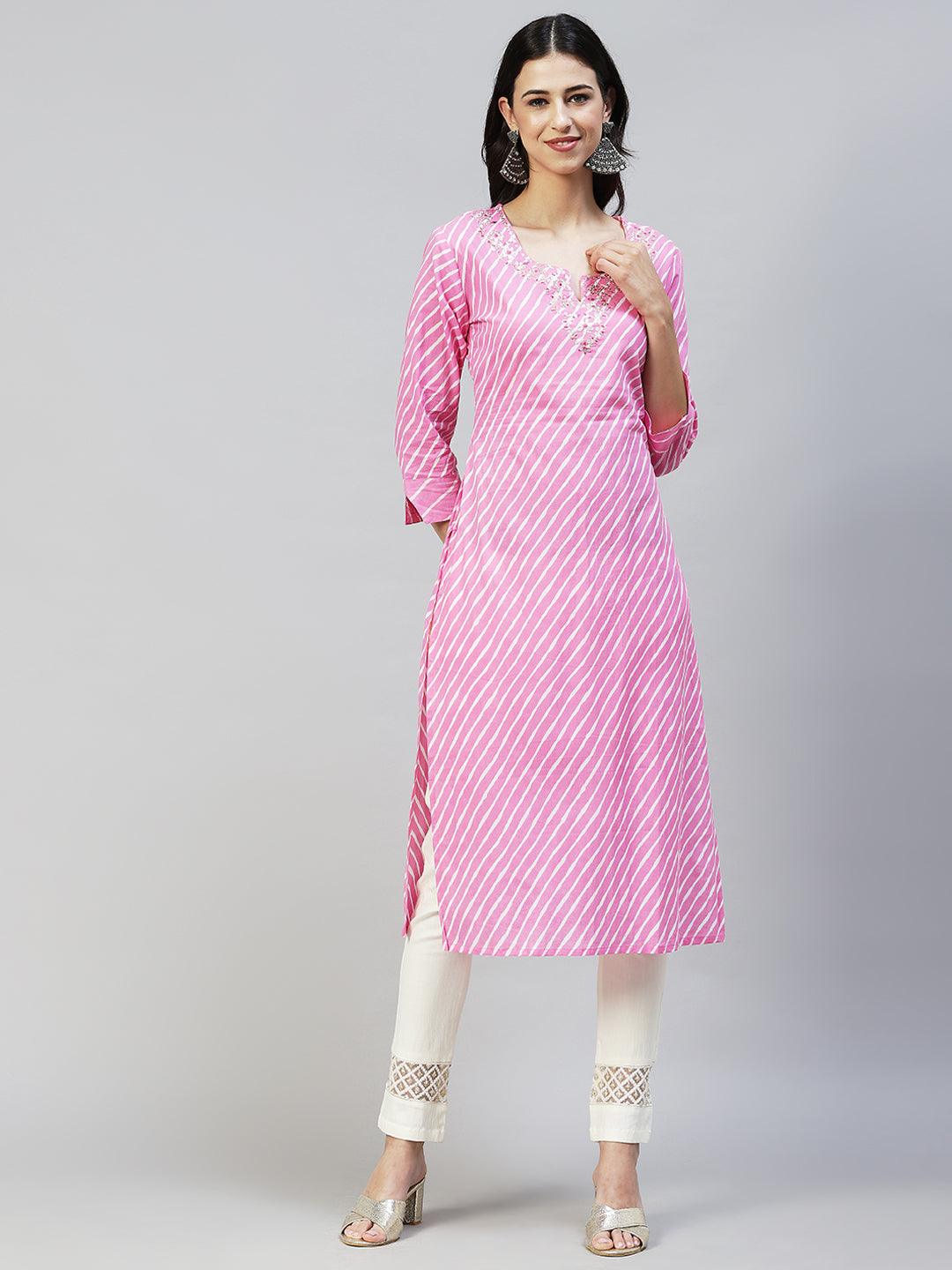 Leheriya Printed & Ethnic Embroidered Straight Fit Kurta - Light Pink - Indiakreations