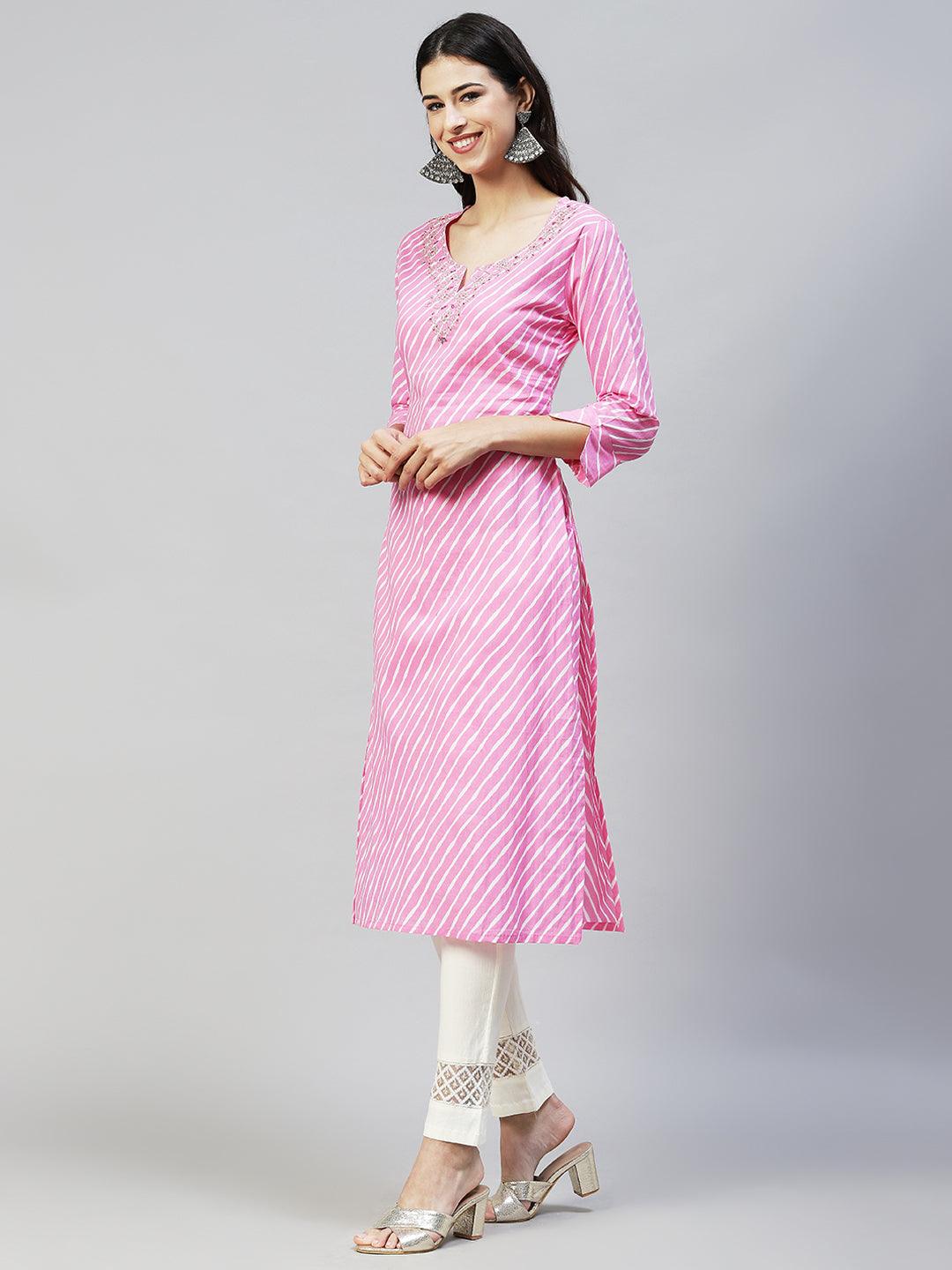 Leheriya Printed & Ethnic Embroidered Straight Fit Kurta - Light Pink - Indiakreations