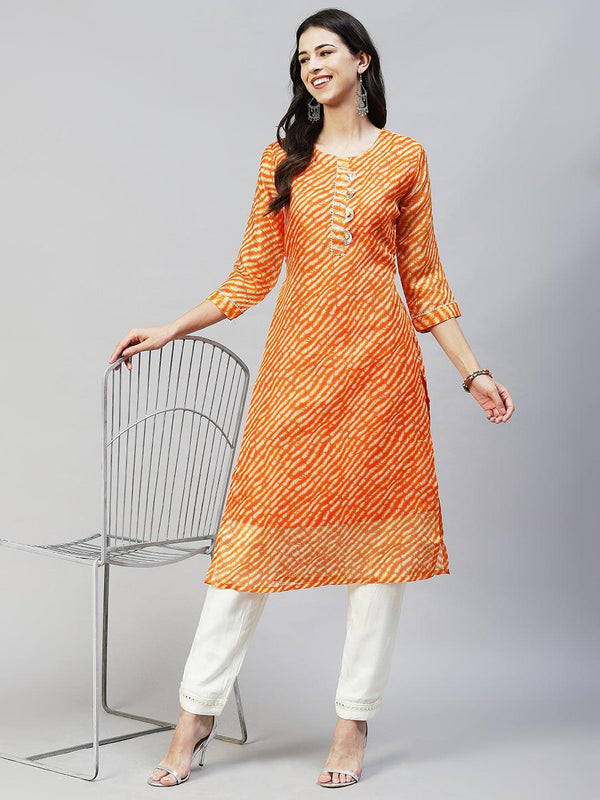 Leheriya Printed & Embroidered Straight Fit Kurta - Orange - Indiakreations