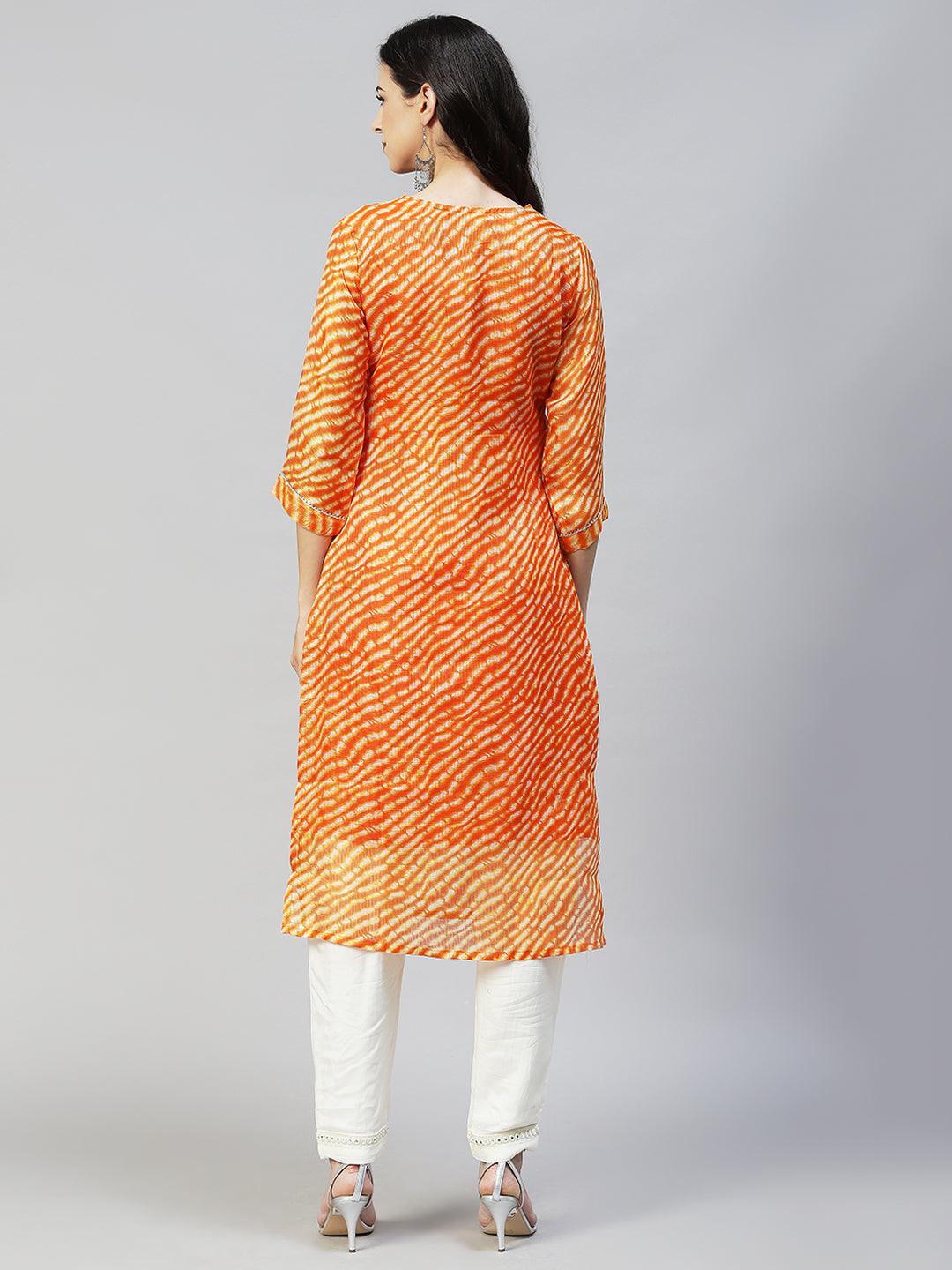 Leheriya Printed & Embroidered Straight Fit Kurta - Orange - Indiakreations