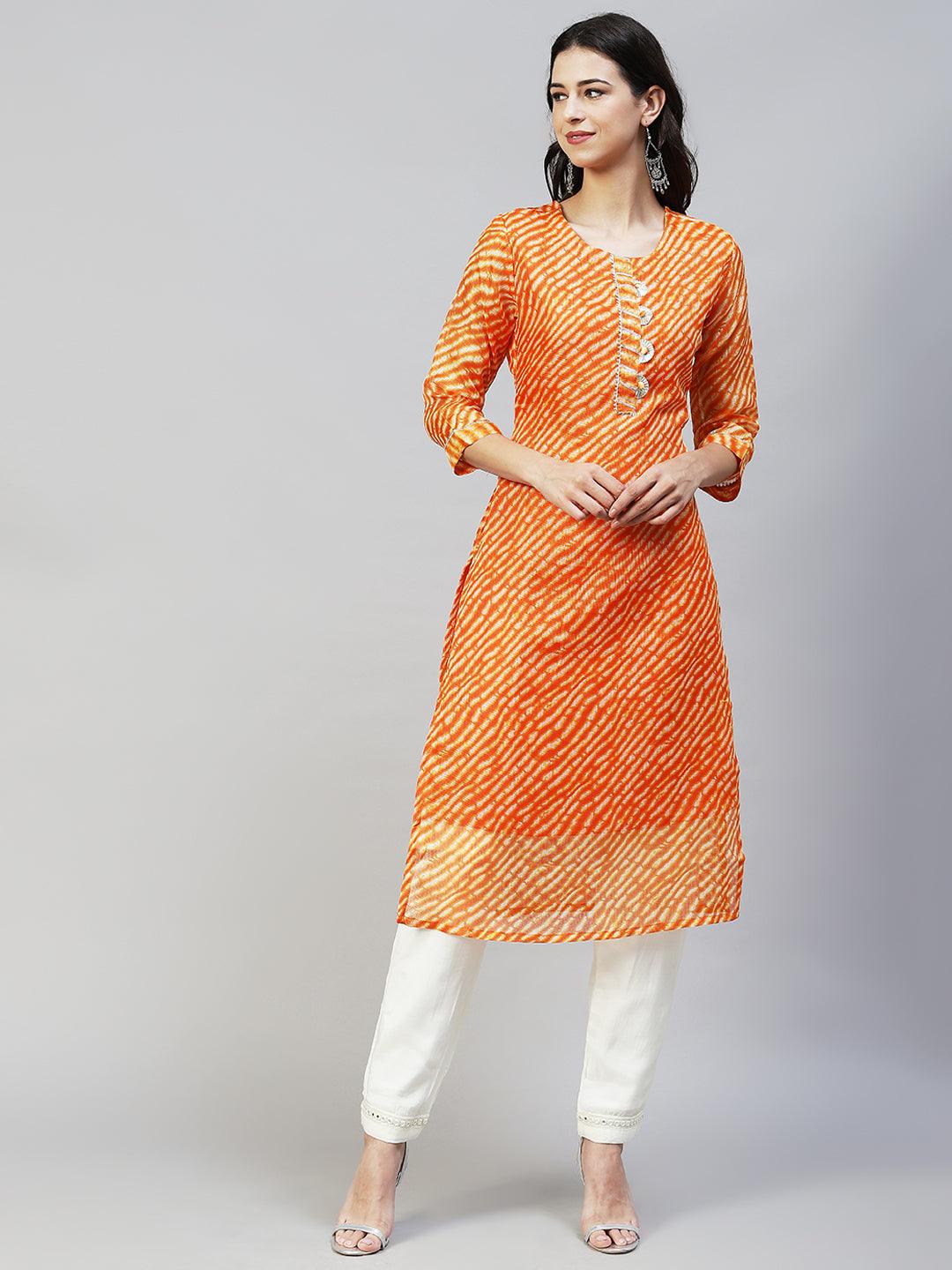 Leheriya Printed & Embroidered Straight Fit Kurta - Orange - Indiakreations