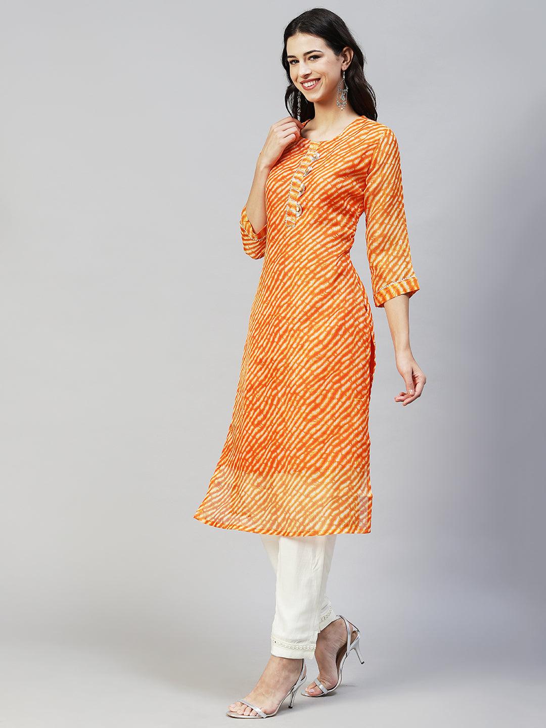 Leheriya Printed & Embroidered Straight Fit Kurta - Orange - Indiakreations