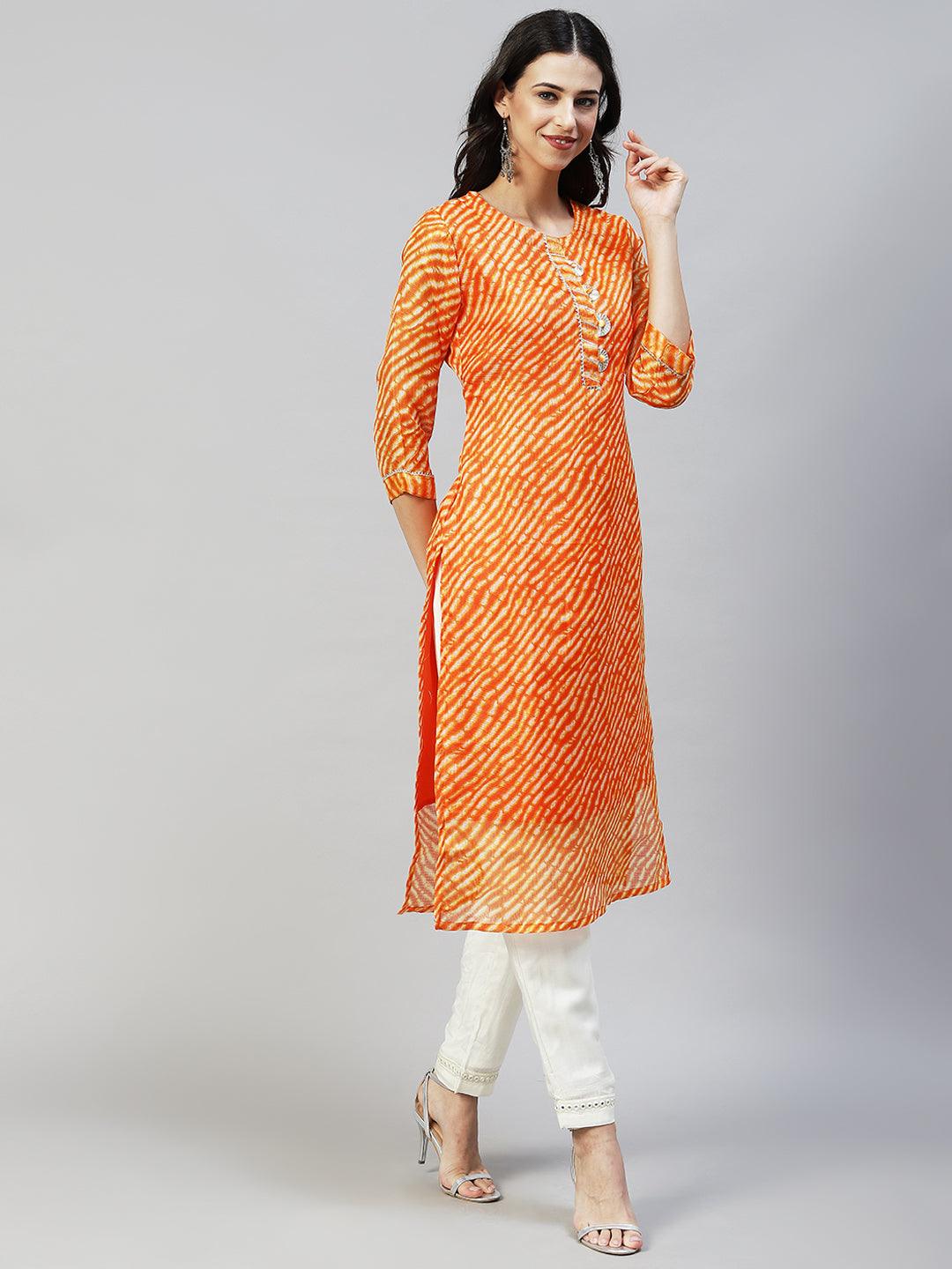 Leheriya Printed & Embroidered Straight Fit Kurta - Orange - Indiakreations