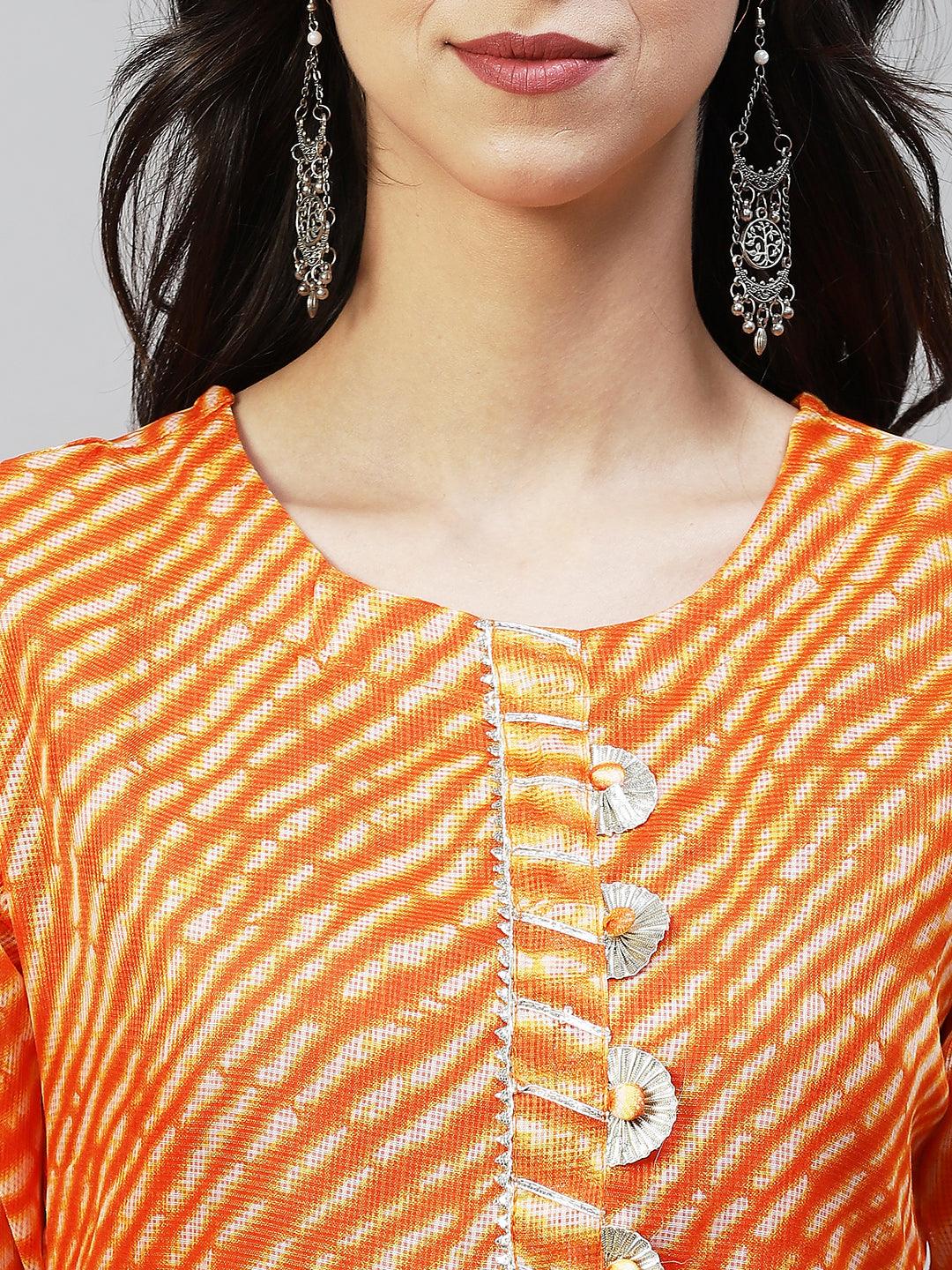 Leheriya Printed & Embroidered Straight Fit Kurta - Orange - Indiakreations