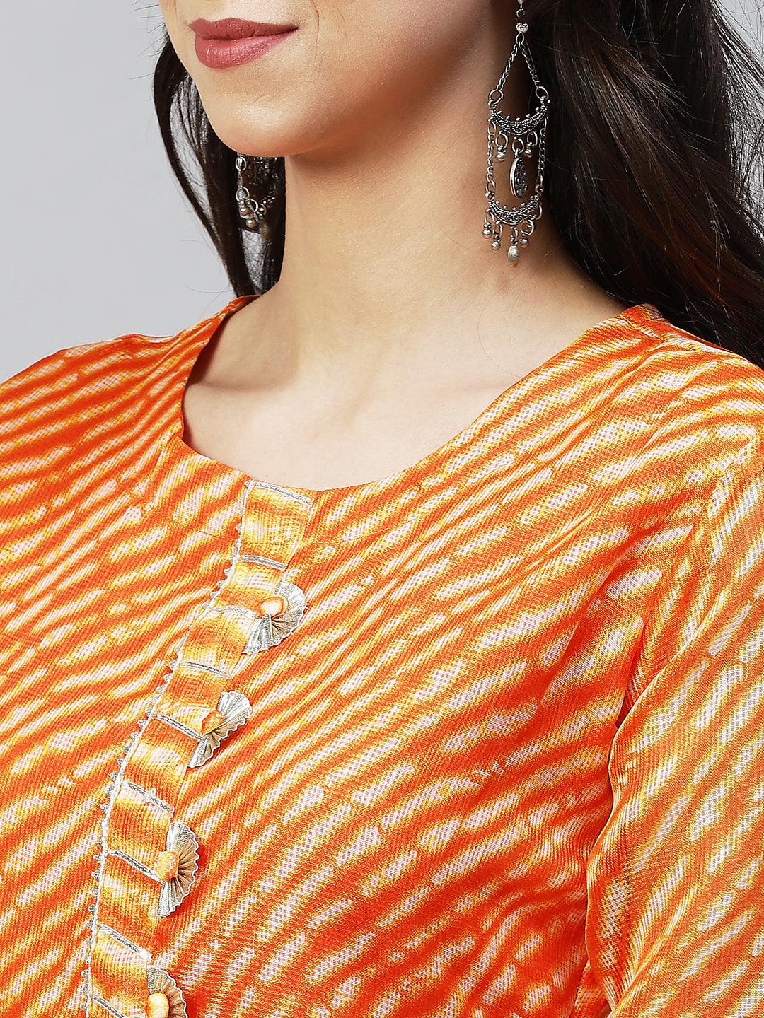 Leheriya Printed & Embroidered Straight Fit Kurta - Orange - Indiakreations